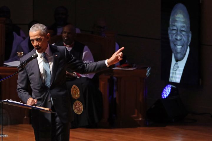 Former President Barack Obama delivers remarks during the funeral service for Rep. Elijah Cummings (D-MD) at New Psalmist Bap