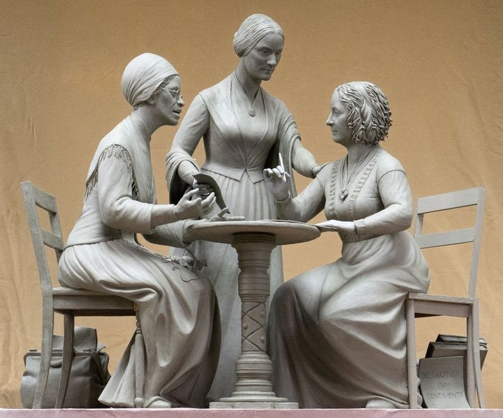 This Oct. 6, 2019 photo provided by Michael Bergmann shows a one-third scale clay model of Sojourner Truth, left, Susan B. An