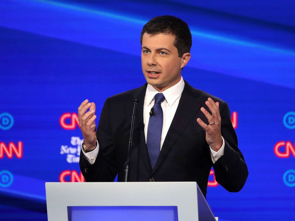 PHOTO: Democratic presidential hopeful Pete Buttigieg speaks during the fourth Democratic primary debate at Otterbein University in Westerville, Ohio, Oct. 15, 2019.