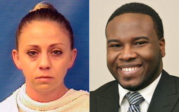 A split picture showing Amber Guyger's mugshot on the left and Botham Jean on the right.