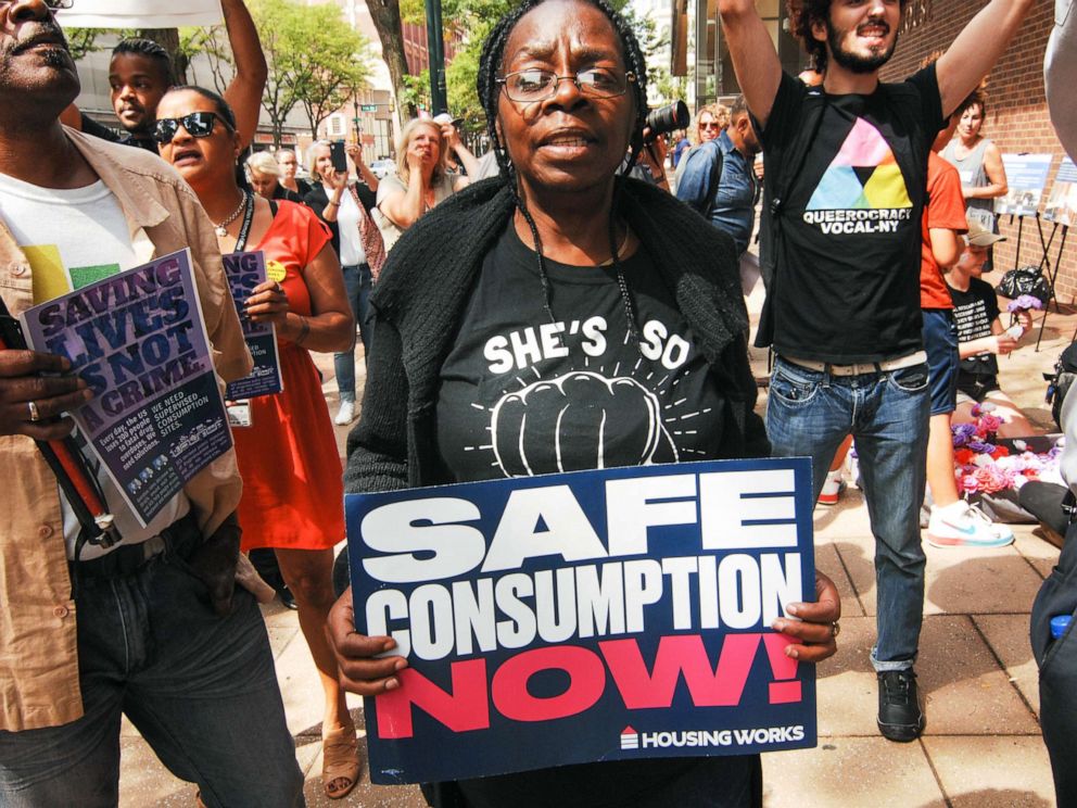 PHOTO: Advocates for safe injection sites rallied in front of the James A Byrne Federal Courthouse in Center City in Philadelphia, Pa., Sept. 5, 2019.