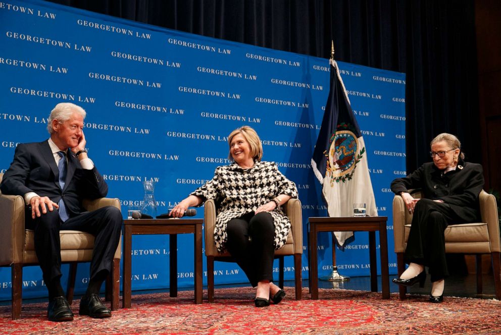 PHOTO: Former President Bill Clinton, left, former Secretary of State Hillary Clinton, and Supreme Court Justice Ruth Bader Ginsberg take their seats to speak, Oct. 30, 2019, at Georgetown Laws second annual Ruth Bader Ginsburg Lecture, in Washington.