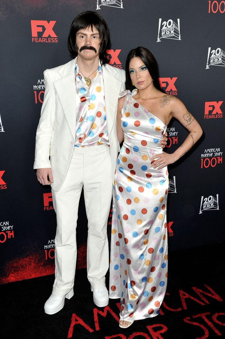 Evan Peters and Halsey attend the 100th episode celebration of "American Horror Story" on Saturday in Los Angeles.