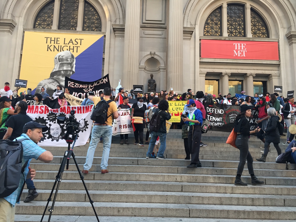 Protestors on the steps of the Metropolitan Museum of Art in New York on October 14, 2019.