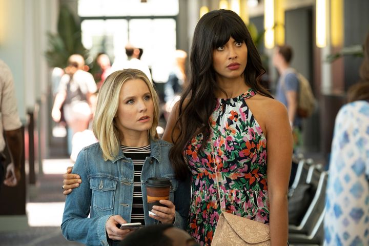Kristen Bell as Eleanor, Jameela Jamil as Tahani in an episode of &ldquo;The Good Place.&rsquo;
