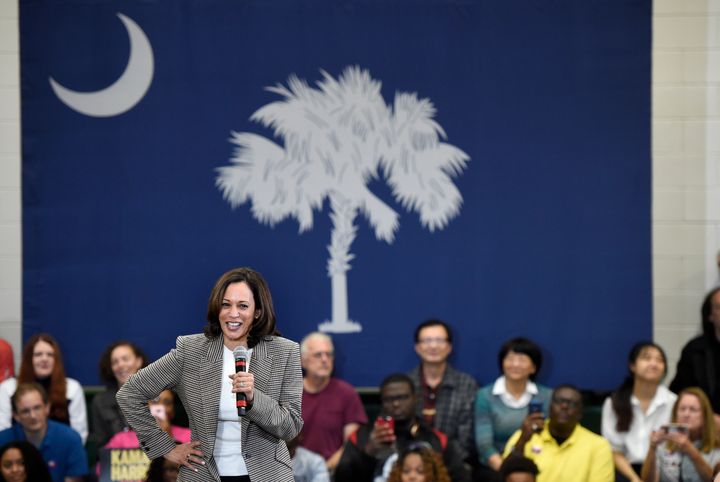 Democratic presidential candidate Kamala Harris speaks during a rally at Aiken High School in Aiken, South Carolina, on Oct. 