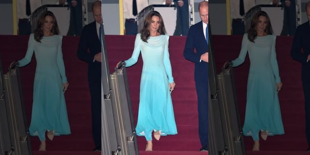 Catherine, Duchess of Cambridge arrives at the Pakistani Air Force Base Nur Khan with Prince William, Duke of Cambridge to start their Royal Tour of Pakistan. (Photo by Karwai Tang/WireImage/Getty Images)