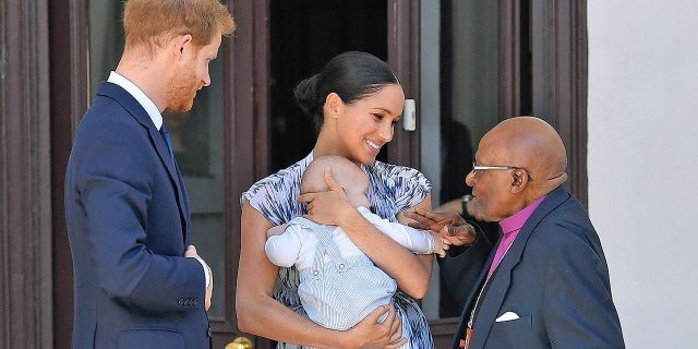 Prince Harry, Duke of Sussex, Meghan, Duchess of Sussex and their baby son Archie Mountbatten-Windsor meet Archbishop Desmond Tutu at the Desmond &amp; Leah Tutu Legacy Foundation during their royal tour of South Africa. (Photo by Pool/Samir Hussein/WireImage)