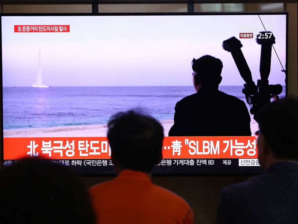 PHOTO: People watch a TV showing a file image of a North Korean missile launch at the Seoul Railway Station on Oct. 2, 2019, in Seoul, South Korea.