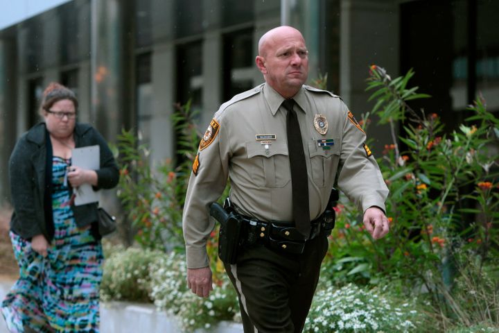 St. Louis County police Sgt. Keith Wildhaber is seen during the trial of his discrimination case against the county in Clayto