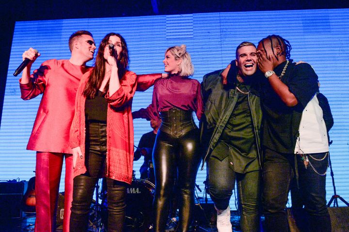 From left: Justin Tranter, Idina Menzel, Bebe Rexha, Jesse Saint John and Jozzy take the stage at BEYOND Spirit Day concert 2