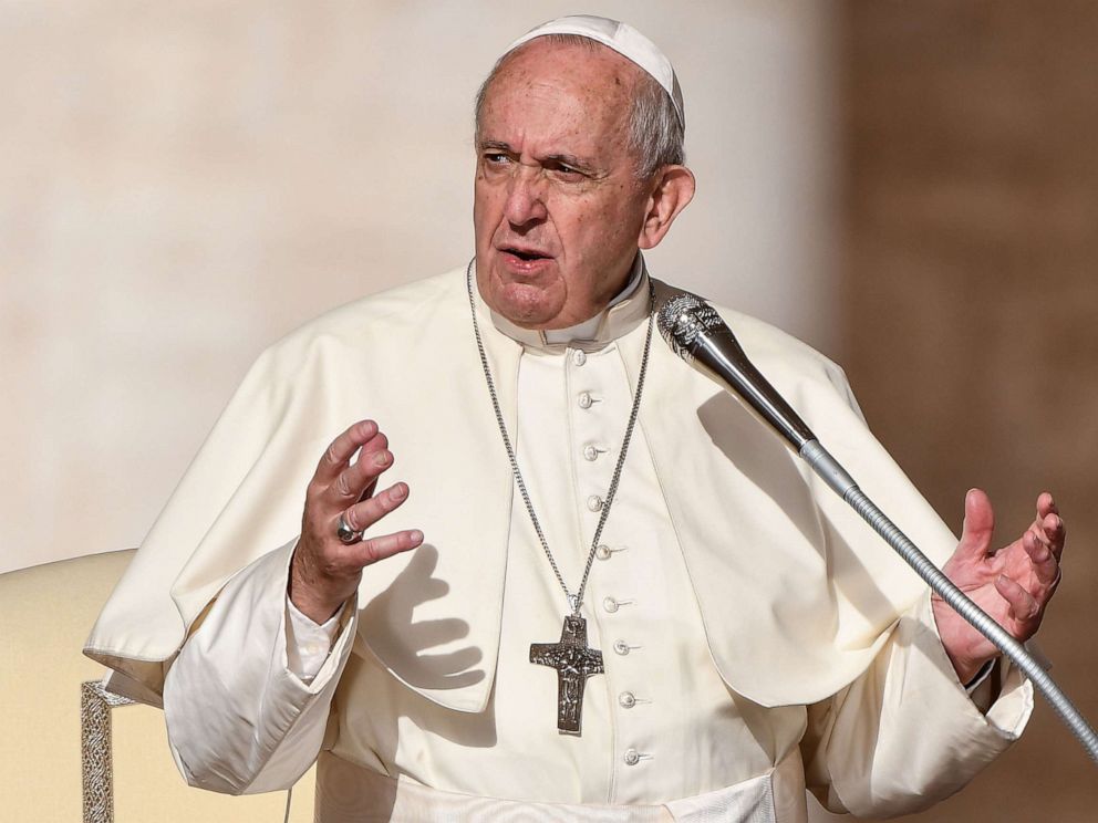 PHOTO: Pope Francis gestures as he speaks during the weekly general audience, Oct. 16, 2019, at St. Peters Square in the Vatican.
