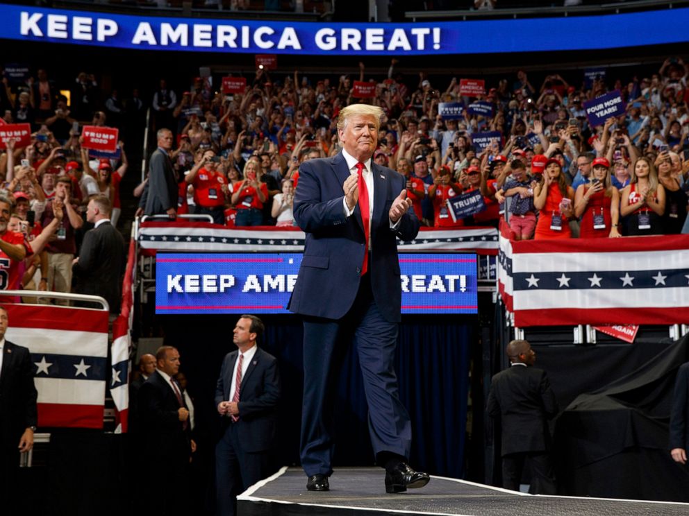 PHOTO: President Donald Trump arrives to speak at his re-election kickoff rally at the Amway Center, in Orlando, Fla., June 18, 2019.