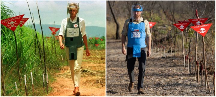 Left: Princess Diana walking in a safety corridor of a land mine field in Huambo, Angola, on Jan. 15, 1997. Right: Prince Har