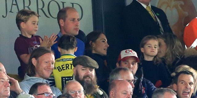 Prince George of Cambridge, Prince William, Duke of Cambridge and Catherine, Duchess of Cambridge and Princess Charlotte of Cambridge are seen in the stands during the Premier League match between Norwich City and Aston Villa at Carrow Road on October 05, 2019 in Norwich, United Kingdom.