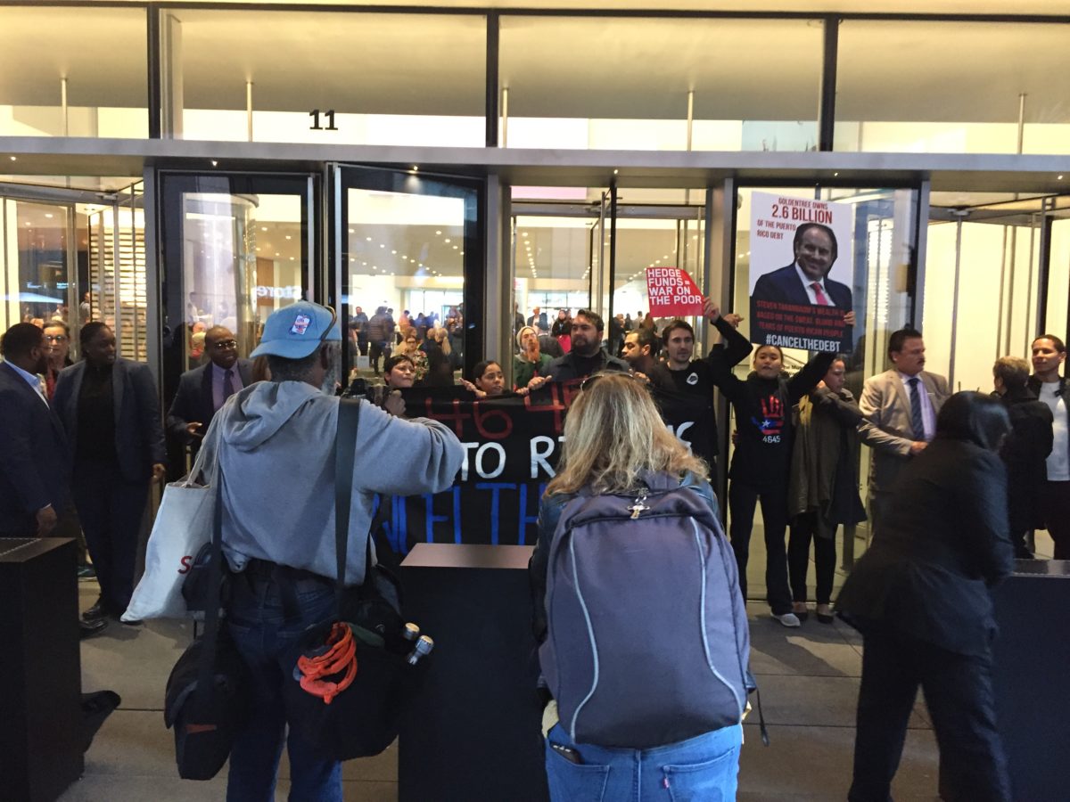 Protestors blocking entry to the Museum of Modern Art on October 21, 2019.