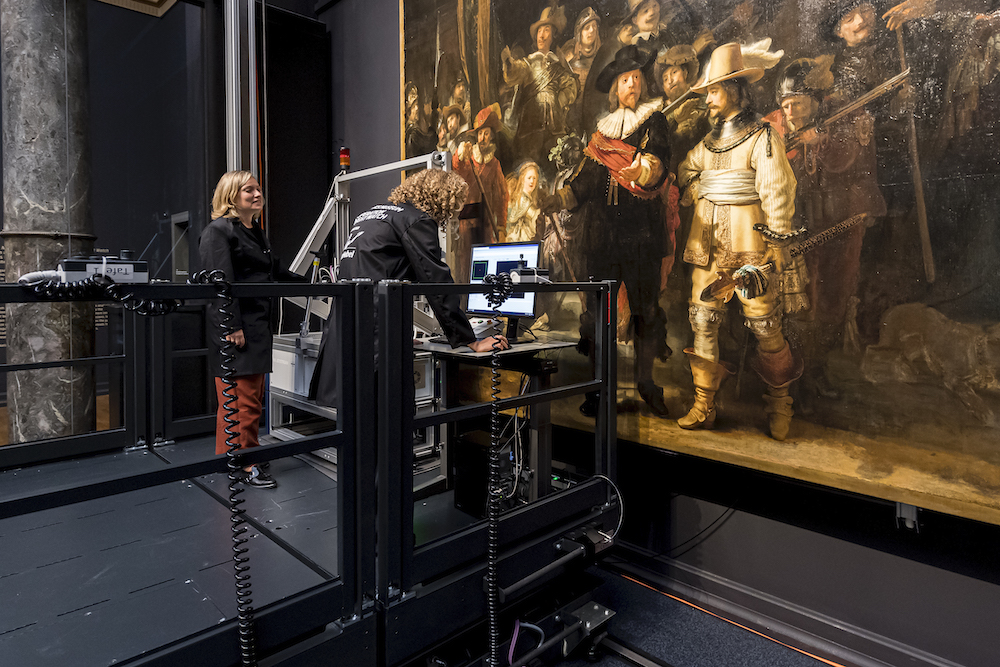 Rembrandt's 'The Night Watch' being studied as part of "Operation Night Watch" at the Rijksmuseum in Amsterdam.