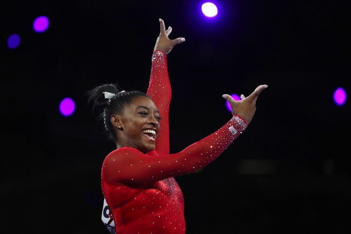 Gold medalist Simone Biles of the United States performs on the vault in the women's apparatus finals at the Gymnastics World