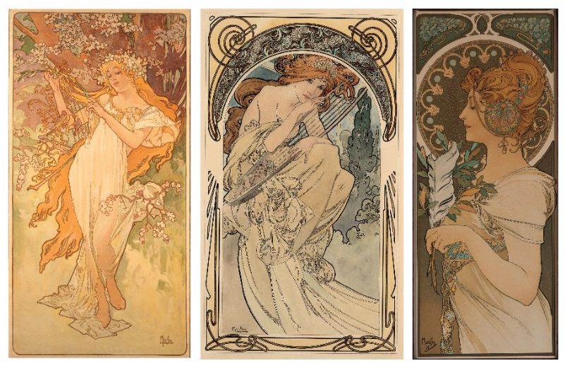 The Lucas Museum owns 60 works by Alphonse Mucha, whose work has been used in several tarot decks. From left, Four Seasons - Spring - #1 of 4, ca. 1896; Allegorie de la musique, ca. 1898; and La Plume, c. 1899.