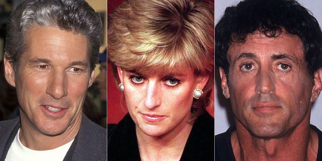 Richard Gere (L), Princess Diana (C) and Sylvester Stallone (R)