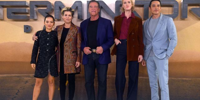 From l-r: Natalia Reyes, Linda Hamilton, Arnold Schwarzenegger, Mackenzie Davis and Gabriel Luna attend the 'Terminator: Dark Fate' photocall on October 17, 2019 in London, England.