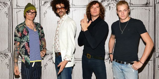 NEW YORK, NY - OCTOBER 27: (L-R) Justin Hawkins, Frankie Poullain, Dan Hawkins and Rufus Taylor of the band "The Darkness" visit AOL BUILD to discuss their new album "Last Of Our Kind" at AOL Studios In New York on October 27, 2015 in New York City. (Photo by Slaven Vlasic/Getty Images)