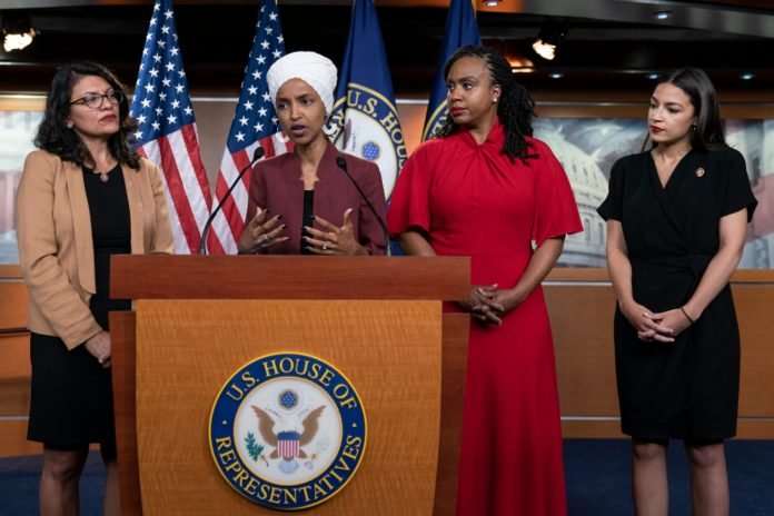 From left, Rep. Rashida Tlaib, D-Mich., Rep. Ilhan Omar, D-Minn., Rep. Ayanna Pressley, D-Mass., and Rep. Alexandria Ocasio-Cortez, D-N.Y., respond to base remarks by President Donald Trump after he called for the four Democratic congresswomen of color to go back to their 