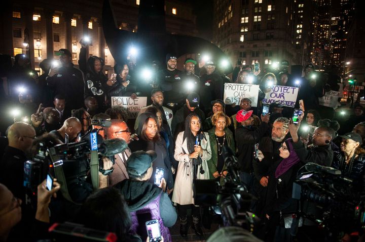 Tamika Mallory, center, speaks during a National Day of Outrage protest in Foley Square.&nbsp;