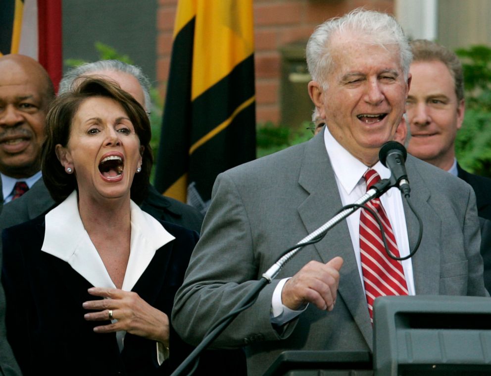 PHOTO: Speaker of the House Nancy Pelosi, D-Calif., left, laughs as her brother Thomas D Alesandro III, right, makes a joke as he introduces her husband Paul, during a street renaming ceremony in her behalf, in Baltimore, Jan. 5, 2007.