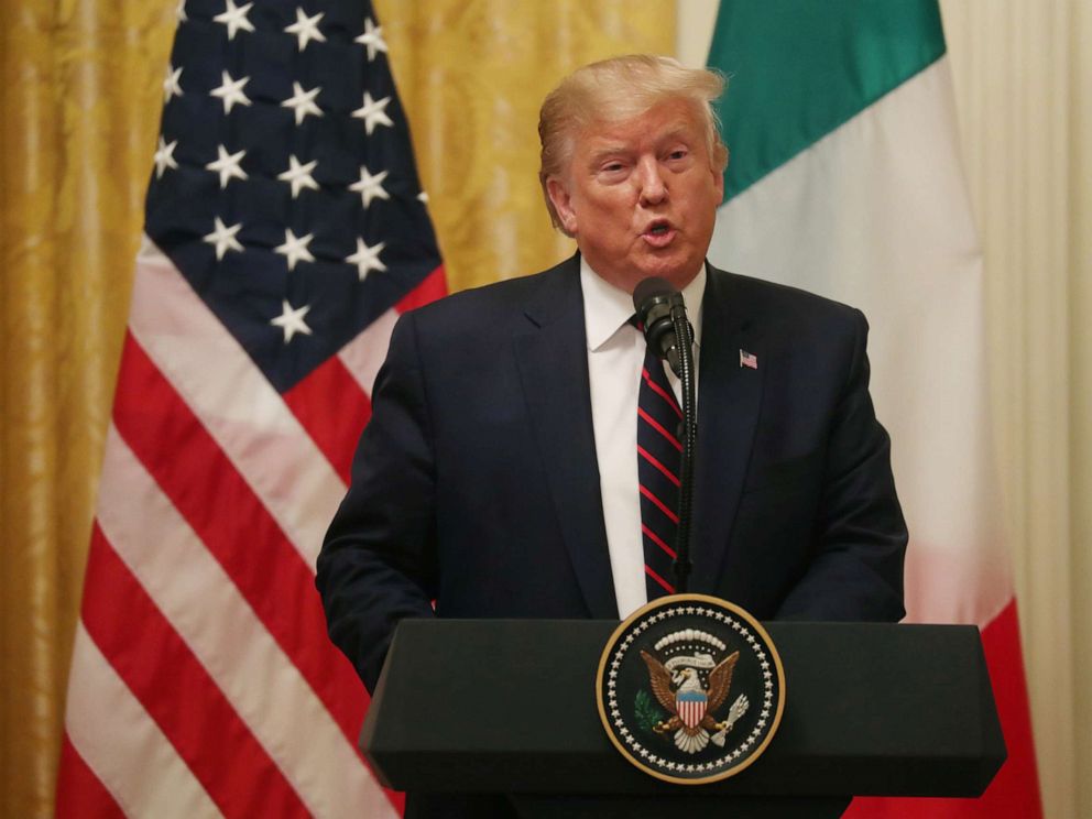 PHOTO: President Donald Trump speaks during a joint news conference with Italys President Sergio Mattarella in the East Room of the White House in Washington, Oct. 16, 2019.