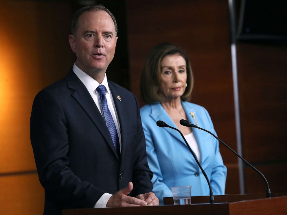 PHOTO: House Select Committee on Intelligence Chairman Rep. Adam Shiff (D-CA) and Speaker of the House Nancy Pelosi (D-CA) answer questions at the Capitol, Oct.2, 2019.