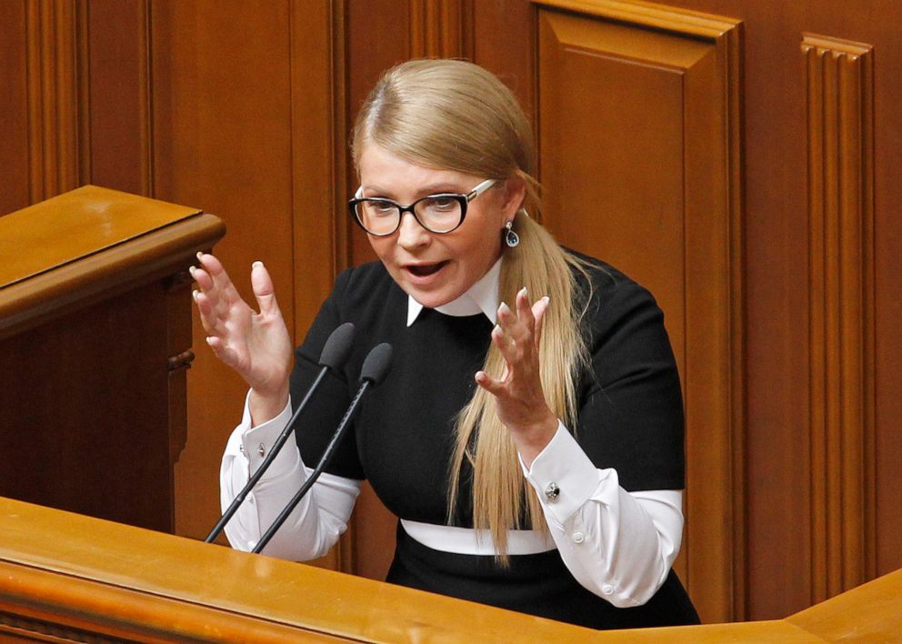 PHOTO: Leader of the Batkivshchyna (The Motherland) political party Yulia Tymoshenko speaks during a Parliament session of Verkhovna Rada, in Kyiv, Ukraine, Oct. 2, 2019.