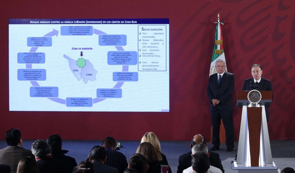 PHOTO: Mexican President Andres Manuel Lopez Obrador and the Secretary of Public Security Alfonso Durazo talk about an attack on a Mormon family from the U.S. during a morning press conference in Mexico City, Nov. 5, 2019.