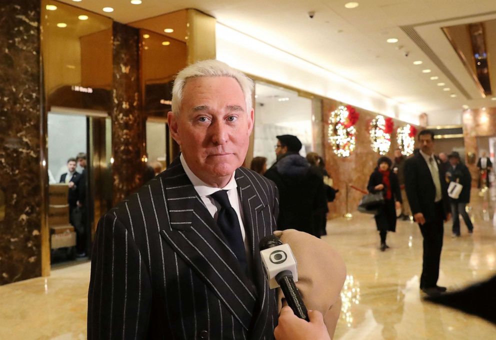 PHOTO: In this Dec. 6, 2016, file photo, Roger Stone speaks to the media at Trump Tower in New York.