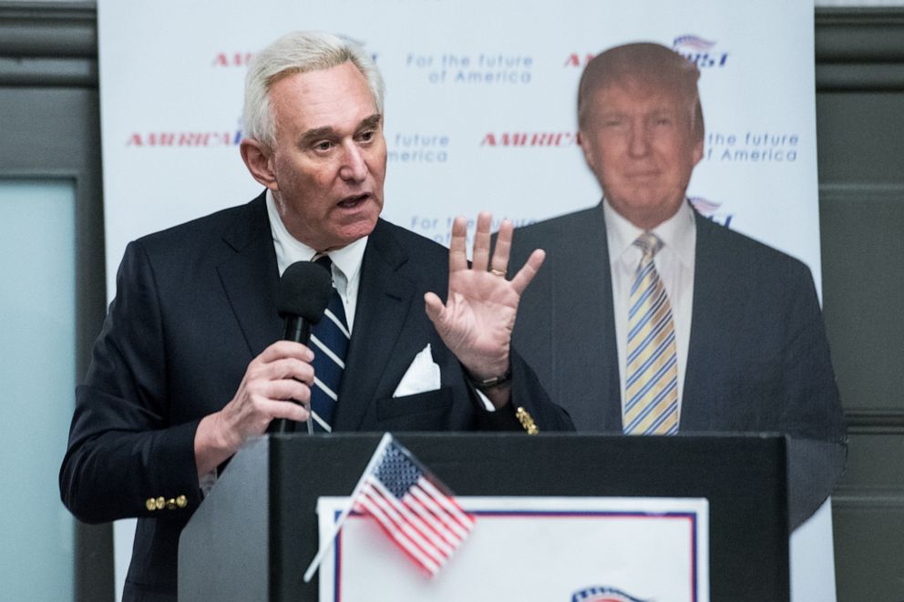 PHOTO: In this March 21, 2017, file photo, Roger Stone speaks to members of the conservative group America First inside the Marriott in Boca Raton, Fla.