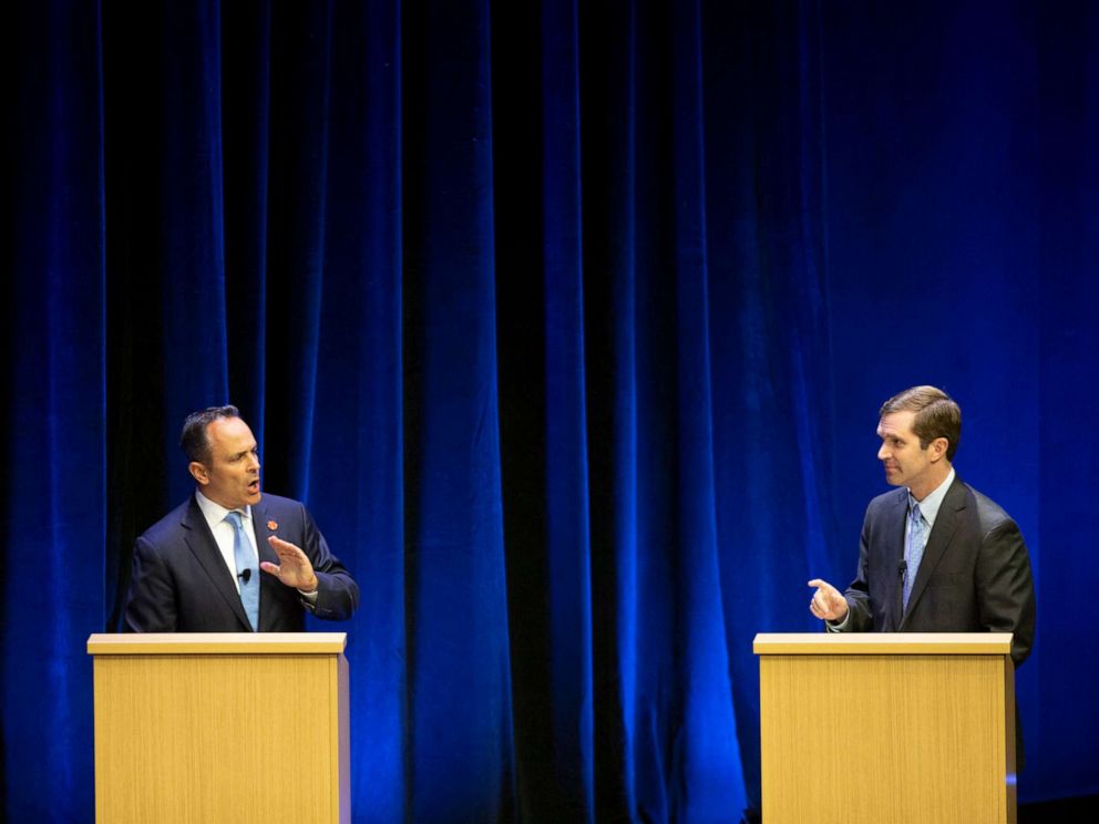 PHOTO: Republican Gov. Matt Bevin, left, and Democratic Attorney General Andy Beshear participate in a debate at the Singletary Center for the Arts on the University of Kentucky campus in Lexington, Ky.