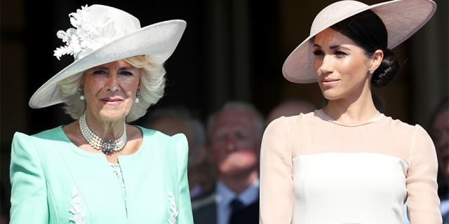 Camilla, Duchess of Cornwall and Meghan, Duchess of Sussex attend The Prince of Wales' 70th Birthday Patronage Celebration held at Buckingham Palace on May 22, 2018, in London, England.