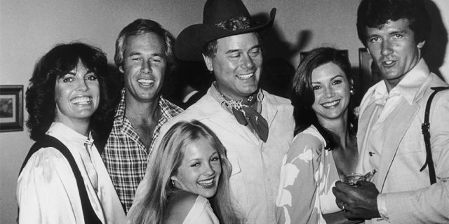 Cast members of the TV program 'Dallas' attend a party thrown for them by the Worldvision television company at the Century Plaza Hotel, LA, May 1978. From left to right, they are Linda Gray, Steve Kanaly, Charlene Tilton, Larry Hagman, Victoria Principal and Patrick Duffy.