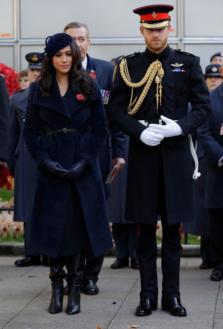 The Duke and Duchess of Sussex attend the 91st Field of Remembrance at Westminster Abbey on Nov. 7 in London.