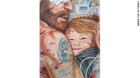 This illustration shows Dave embracing Davidson after surviving an attack in Afghanistan.