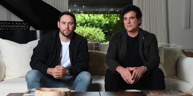 Scooter Braun and Scott Borchetta pose for a photo at a private residence on June 28, 2019 in Montecito, California. (Photo by Kevin Mazur/Getty Images for Ithaca Holdings)