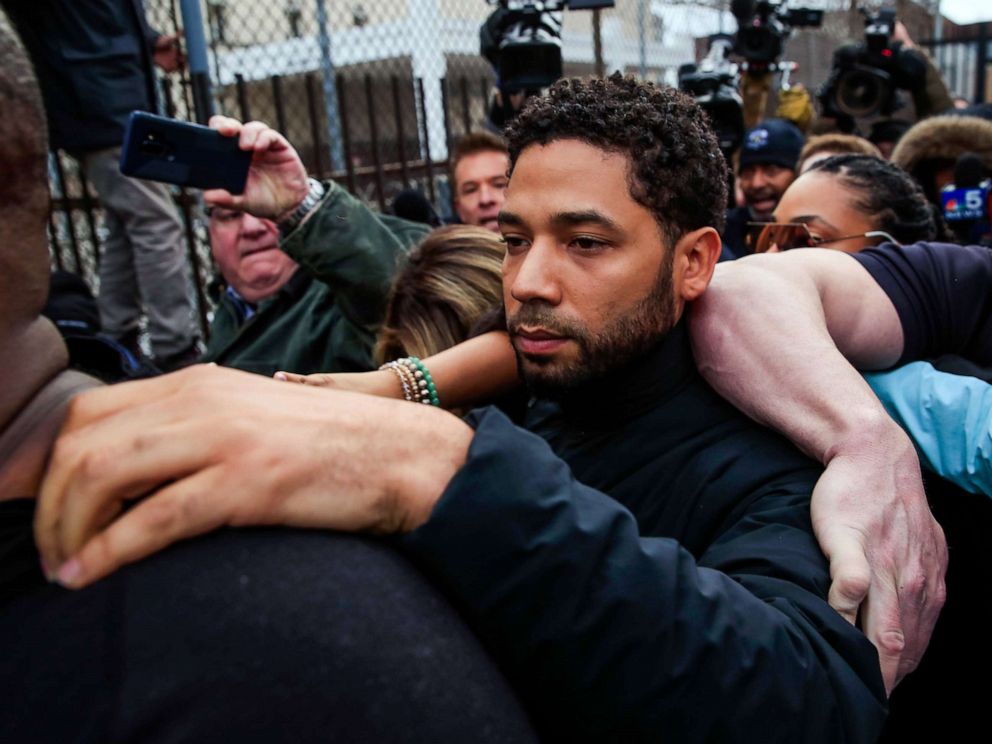 PHOTO: Actor Jussie Smollett emerges from the Cook County Court complex in Chicago, in this Feb. 21, 2019 file photo.