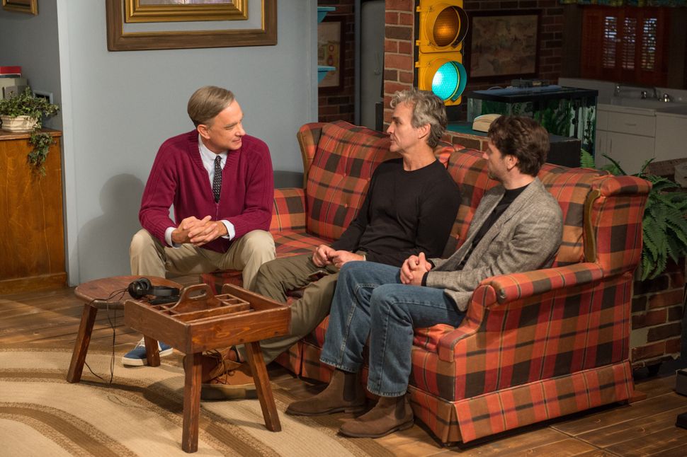 Tom Hanks, Tom Junod and Matthew Rhys on the set of "A Beautiful Day in the Neighborhood."