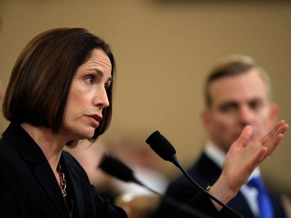 PHOTO: Former White House national security aide Fiona Hill, and David Holmes, a U.S. diplomat in Ukraine, right, testify before the House Intelligence Committee on Capitol Hill in Washington, Nov. 21, 2019.