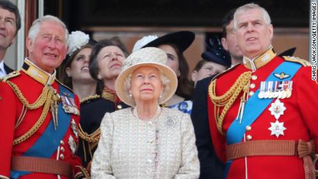 Prince Charles, left, the Queen, center and Prince Andrew, right, during Trooping The Colour -- the Queen&#39;s annual birthday parade -- in June in London, England. 