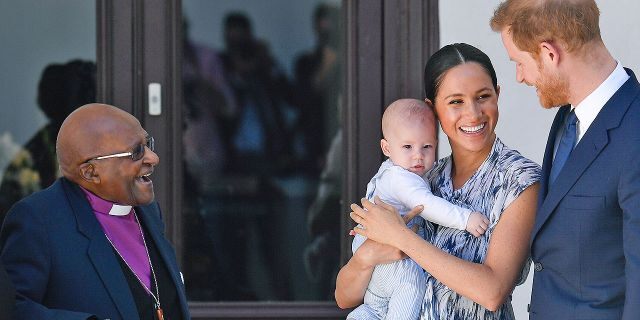 Britain's Duke and Duchess of Sussex, Prince Harry and his wife Meghan Markle hold their baby son Archie as they meet with Archbishop Desmond Tutu at the Tutu Legacy Foundation in Cape Town on Sep. 25, 2019.