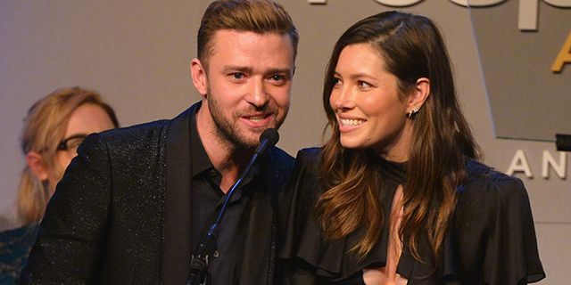 October 23, 2015. Honorees Justin Timberlake (L) and Jessica Biel accept the Inspiration Award onstage during the 2015 GLSEN Respect Awards at the Beverly Wilshire Four Seasons Hotel in Beverly Hills.