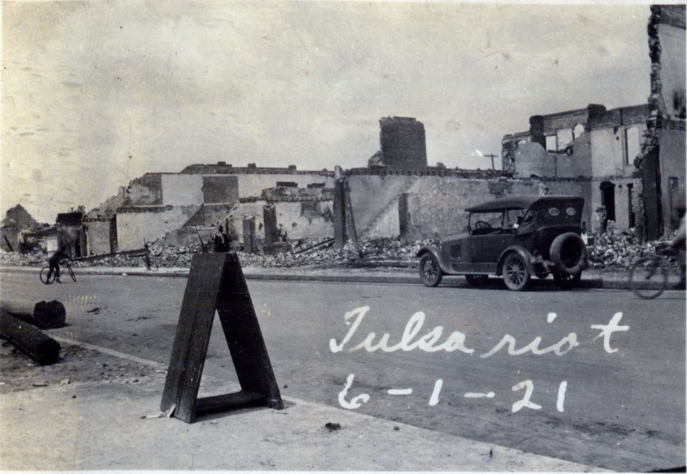 Burned buildings after the Tulsa Race Massacre in Oklahoma in June 1921.&nbsp;