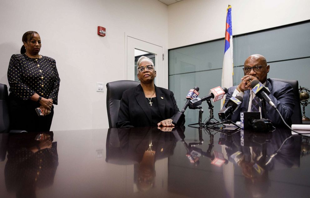 PHOTO: Rev. Dr. Michelle Rizer-Pool, pastor at the Bethel African Methodist Episcopal Church in Gainesville, Ga., speaks to reporters in Atlanta with Bishop Reginald Jackson, right, about the planned attack on her church, Nov. 19, 2019.
