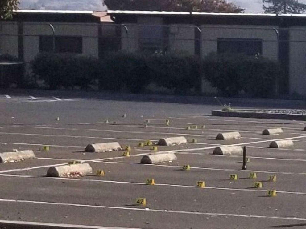 PHOTO: Crime scene evidence markers are seen in the parking lot of the Searles Elementary School in Union City, Calif., Nov. 23, 2019. 